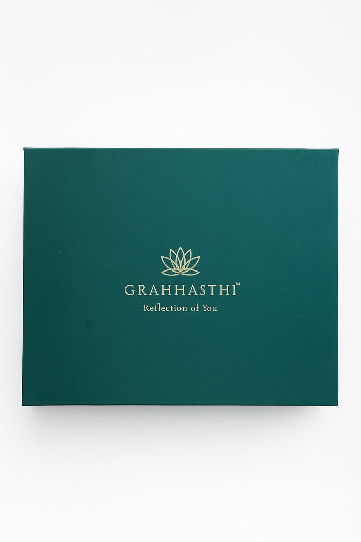 Deep green Vasudha rigid gift hamper box with gold Grahhasthi logo